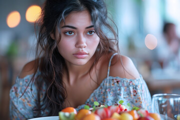 Wall Mural - Indian woman looks sad and hopeless about the diet program, healthy food