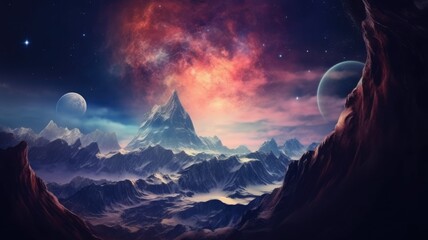 Sticker - the fantasy picture of high mountain landscape with giant stars and space nebula lighting in the nig