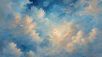 Sticker - oil paint style clouds, blue fluffy clouds at sunset