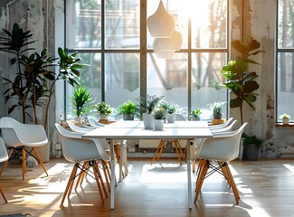 Wall Mural - Modern office meeting room interior with a white table and chairs, a big window on the left side, in the style of a mock up concept