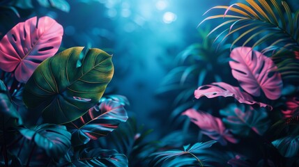 Wall Mural - Surreal blue lighting enchants tropical leaves, giving the image an otherworldly essence perfect for mystical or fantasy-themed projects