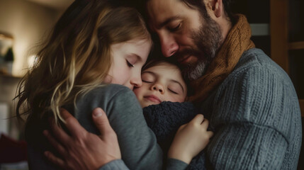 Father embracing his daughters with love and tenderness, family relationships and child psychology in the new era for well-being.