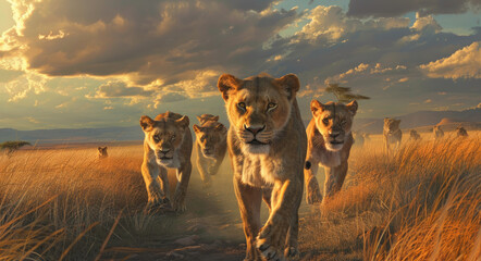 Canvas Print - A group of lionesses walking in the savannah