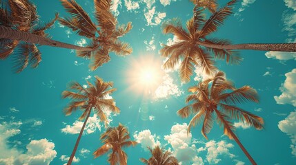 Worm's-eye view of palm trees with a bright sunbeam, evoking a relaxing tropical vibe