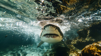 Wall Mural - Shark attacks. A shark is chasing its prey. Predator underwater.