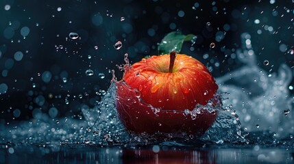 Poster - A fresh apple drops into the water creating splashes and water droplets on it against a dark backdrop