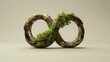 © Олег Фадеев - Infinity symbol formed by two intertwined rustic wooden rings with green fern-like plants growing within, symbolizing the eternal cycle of nature
