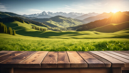 Wall Mural - green spring background panorama with grass in front of a wooden table for a concept