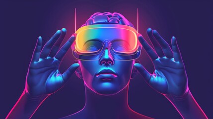 Wall Mural - Stylized, neon-lit human head and shoulders with a brain-like structure visible through the translucent skin. The figure is wearing a pair of VR (virtual reality) goggles that have a colorful