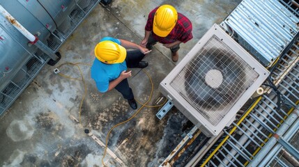 Two engineers wearing safety gear inspecting industrial machinery.