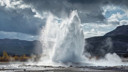 Canvas Print - A geyser erupting with force sending water and steam into the air.