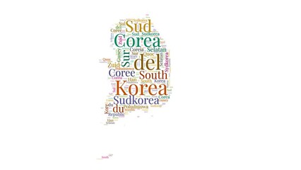 Wall Mural - South Korea shape words animation. South Korea boundary filled with country names animated. Country opening, intro, presentation video.