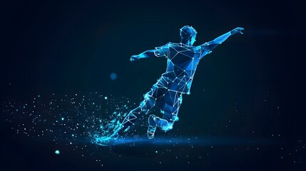 Wall Mural - Abstract Futuristic Low Poly Soccer Player in Dynamic Motion with Holographic Glow and Sparkling Effects on Dark Background