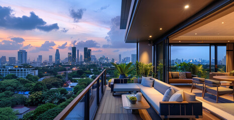 Wall Mural - the terrace and living room interior in an apartment overlooking Bangkok's skyline, with modern furniture and lighting that highlights its design details.