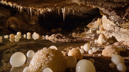 Wall Mural - a photo capturing the natural process of water creating new cave pearls over time.