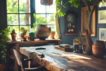 A rustic wooden table sits in a sun-drenched room with plants and eclectic decor. The room has a cozy and inviting atmosphere.
