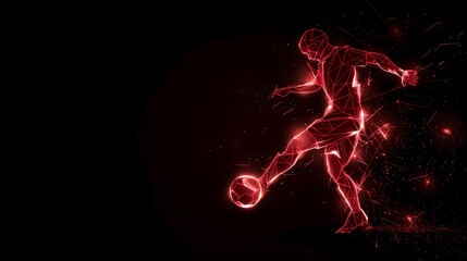 Wall Mural - Dynamic Red Luminous Low Poly Soccer Player Dribbling Ball on Black Background