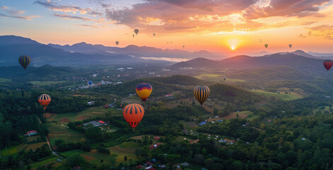 Wall Mural - Colorful hot air balloons floating over the green landscape of Doi Suthep, Chiang Mai in Thailand at sunrise. 