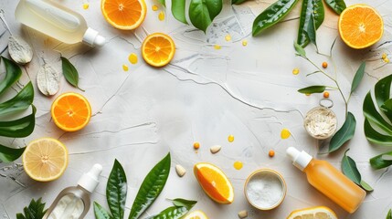 Wall Mural - A variety of citrus fruits and green leaves are arranged on a yellow background, complemented by wooden tableware and serveware for a refreshing drink AIG50