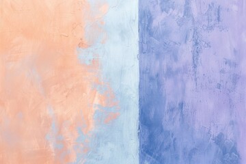 Wall Mural - Soft peach, calming blue, and elegant purple paints blend on a textured wall, creating a chic abstract background perfect for decoration. Ideal for banners, posters, and social media posts