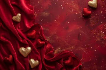 A red background with gold hearts scattered across it