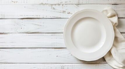 Elegant italian restaurant setting  white plate on decorated table   top down view, realistic image