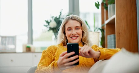 Poster - Happy, relax and woman with phone on sofa for online chatting, communication and networking. Home, apartment and person on smartphone for social media, funny website and internet joke in living room