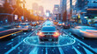 © Art_spiral - digital futuristic car driving on a city street with holograms and virtual data connection lines smart vehicle concept. High speed road in motion with cars at sunset