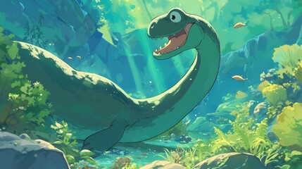 Wall Mural - Animated cartoon featuring a playful plesiosaurus