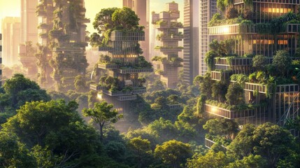 Canvas Print - Illustration depicting a futuristic cityscape with tall, green buildings integrated into a lush forest setting, bathed in the warm glow of sunrise