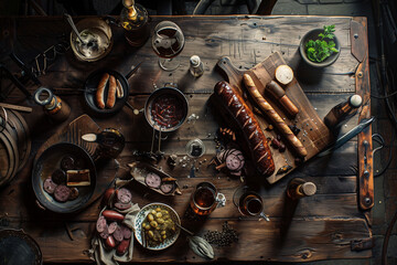 Canvas Print - baked sausage and other snacks on table top view