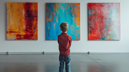 Little boy looking at modern art paint in a art gallery, front of boy has two paint art with frame in the wall 