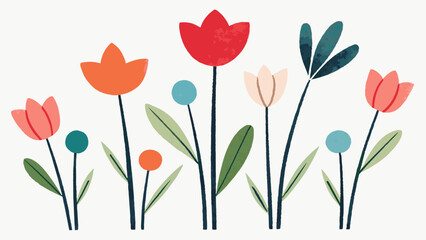 Stylized Vintage Floral Illustration with Colorful Tulips and Leaves