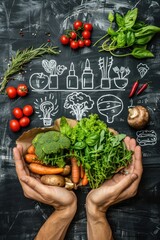 Wall Mural - Fresh Vegetables Held in Hands Against a Chalkboard Background