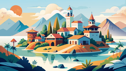 Poster - Idyllic Mediterranean Coastal Town at Sunset Illustration