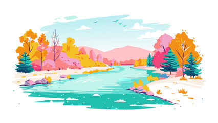 Poster - Vibrant Autumn Landscape with Serene River and Colorful Trees