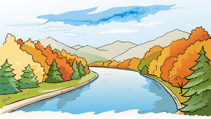 Wall Mural - Autumn Landscape with River, Trees and Mountains Illustration