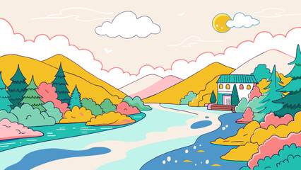 Poster - Colorful Cartoon Landscape with House by the River at Sunset