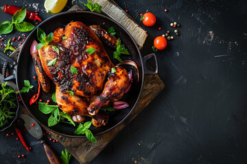 Wall Mural - grilled chicken whole marinated with pepper, on table, top view