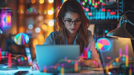 Wall Mural - Businesswoman working late at night using futuristic technology to analyze charts and graphs