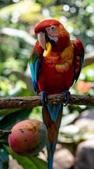 Poster - A brightly colored parrot sits on a branch next to a mango. AI.