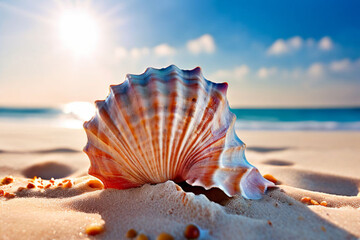 Sticker - Large conch seashell resting on pristine white sand, a reminder of the ocean's beauty.