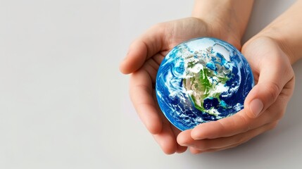 Wall Mural - Cupped hands gently holding a globe, highlighting World Water Day, minimalist design with a light background