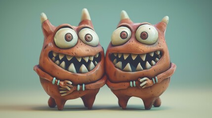 Wall Mural - Two cute monsters with big eyes and sharp teeth are standing next to each other and smiling. AI.