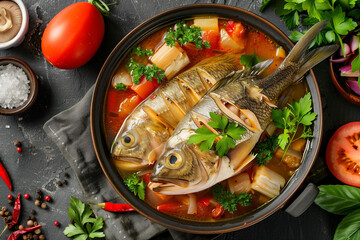 Wall Mural - fish soup, ear, on table, top view