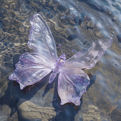 Wall Mural - translucent crystal butterfly in rippling water, pink soft y2k aesthetic