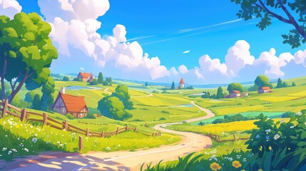 Wall Mural - illustration depicting a charming cartoon country landscape in the midst of spring or summer complet