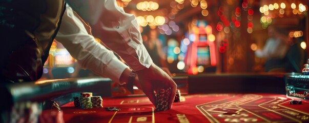 People have fun with black jack table in casino, concept of gambling banner. Generative AI.
