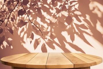 Wall Mural - Round table top with leaves shadow