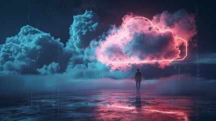3D render of cloud with glowing light hologram futuristic, a persona standing at a podium in front of a digital oback, scientific background, cloud technology of the future